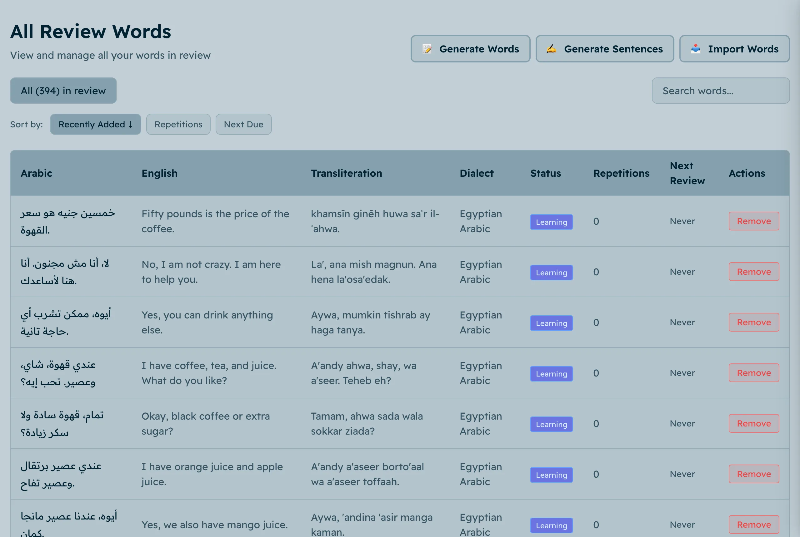 A table of saved words with their English, transliteration, dialect and review status