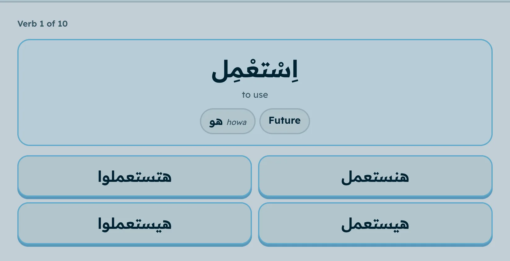A Verb Blitz question: a verb, a pronoun and a tense, with four conjugated forms to choose from