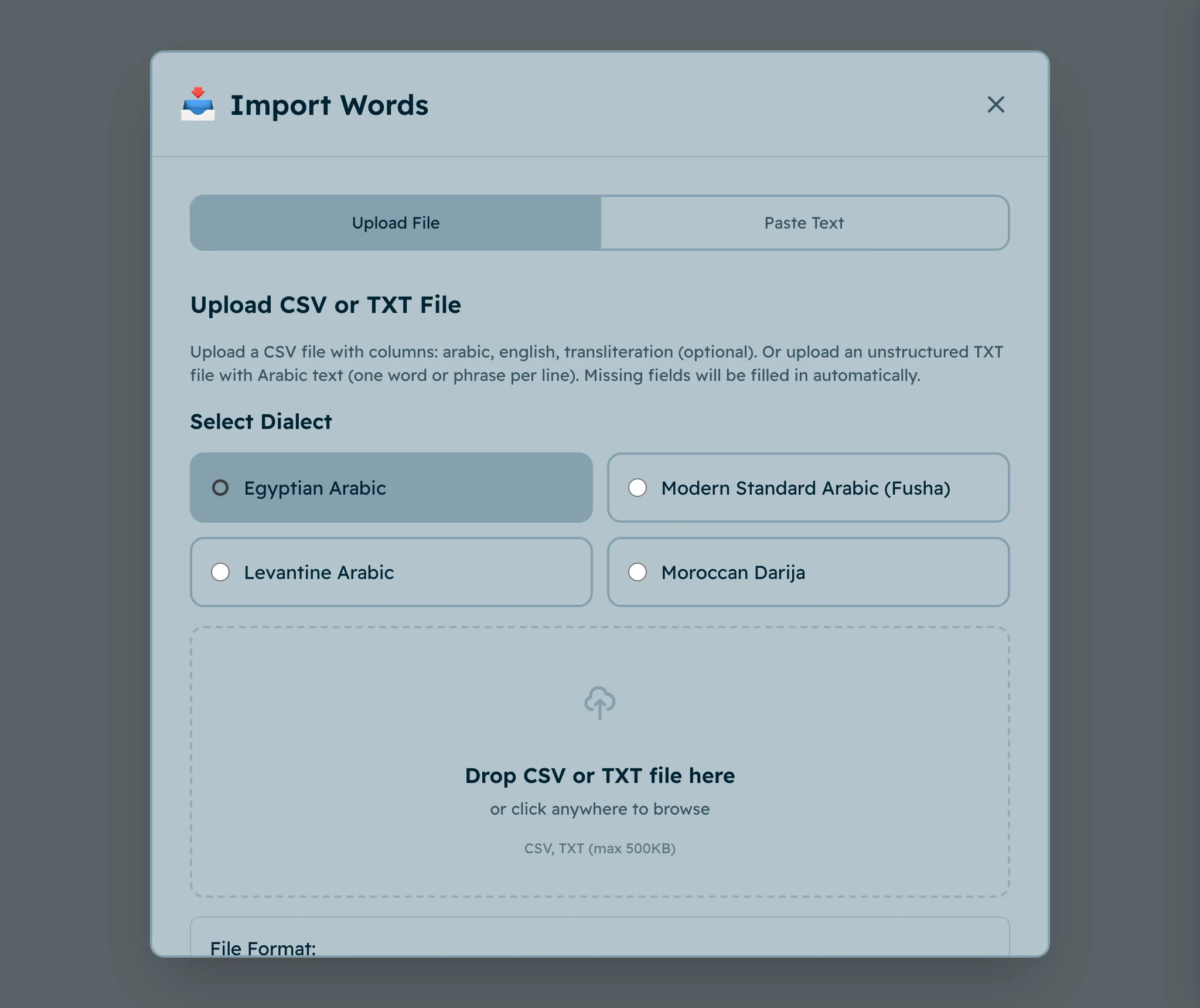 The Import Words dialog, with Egyptian Arabic selected and a drop zone for a CSV or TXT file