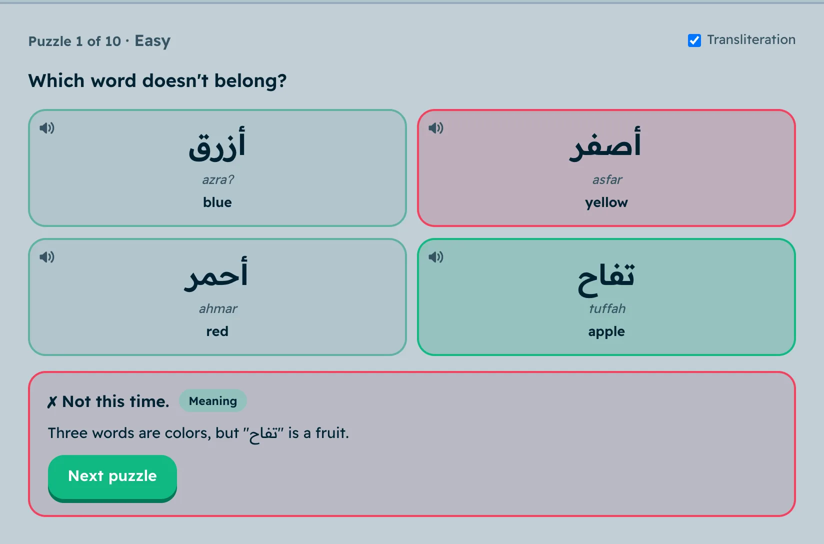 After an answer: every wordโs meaning, and a line explaining the pattern