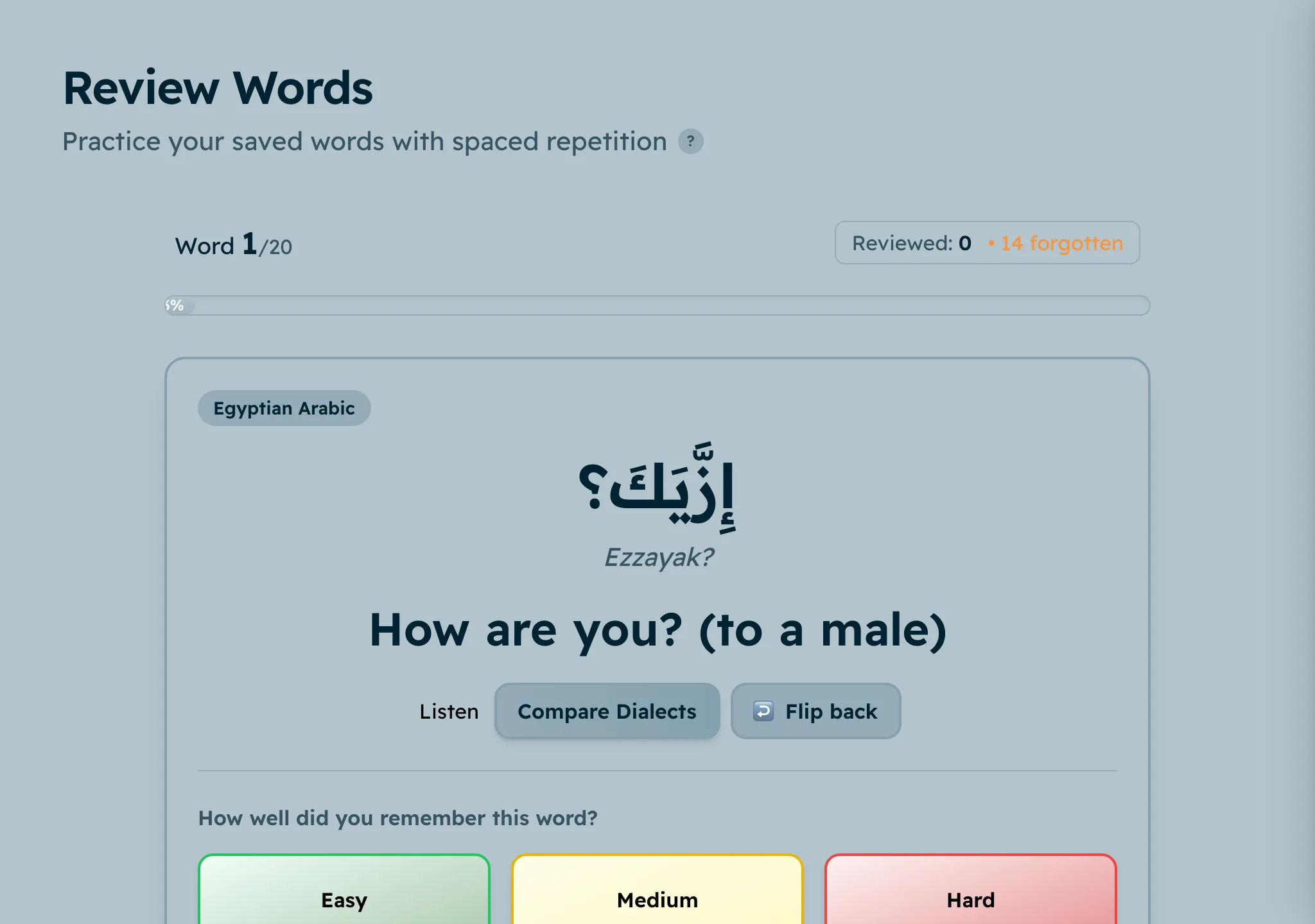 A review card for ุฅุฒูู, meaning how are you, with Easy, Medium and Hard buttons